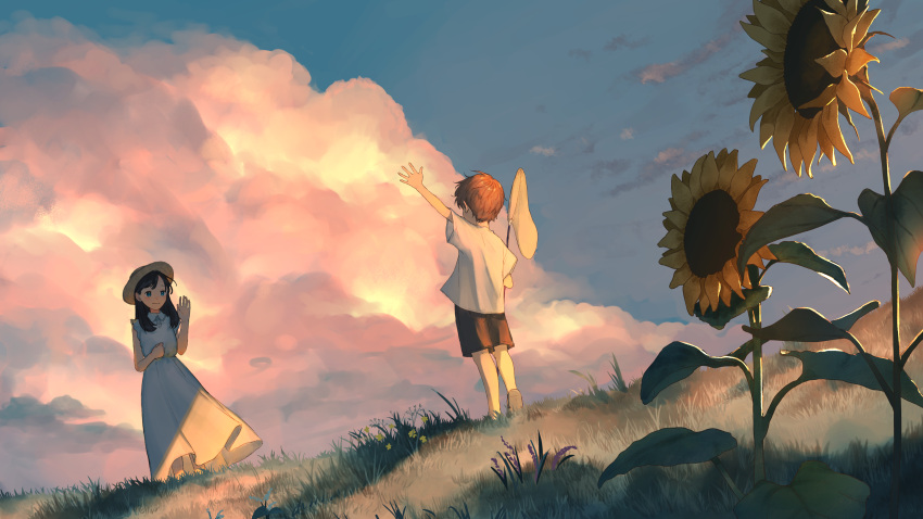 1boy 1girl absurdres black_hair black_shorts blue_eyes blue_sky brown_hair butterfly_net child clouds commentary_request dress dusk flower full_body grass hand_net hat highres holding long_hair looking_at_another original outdoors short_hair short_sleeves shorts sky sun_hat sunflower waving white_dress yog_harukawa