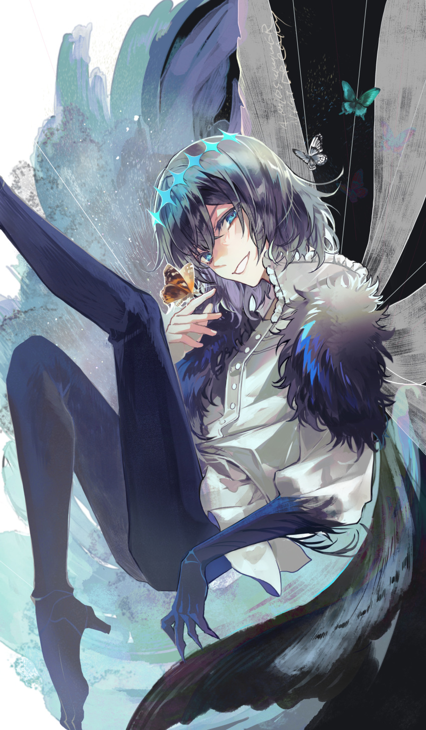 1boy absurdres arthropod_boy bangs black_hair blue_eyes blue_legwear bug butterfly butterfly_on_finger butterfly_wings cape commentary_request crown diamond_hairband fate/grand_order fate_(series) fur-trimmed_cape fur_trim gradient_hair grey_hair highres insect_on_finger insect_wings male_focus moth multicolored_hair oberon_(fate) poppoman shirt smile solo spoilers teeth white_background white_shirt wings