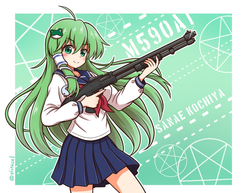 1girl ahoge assault_rifle bangs blue_serafuku blue_skirt blush border breasts character_name commentary_request eyebrows_visible_through_hair finger_on_trigger frog_hair_ornament green_background green_eyes green_hair gun hair_ornament highres holding holding_gun holding_weapon kochiya_sanae large_breasts long_hair long_sleeves looking_at_viewer pleated_skirt red_neckwear rifle school_uniform serafuku shiny shiny_hair shirt shitacemayo skirt smile snake_hair_ornament solo sparkle standing star_(symbol) thighs touhou twitter_username weapon white_shirt