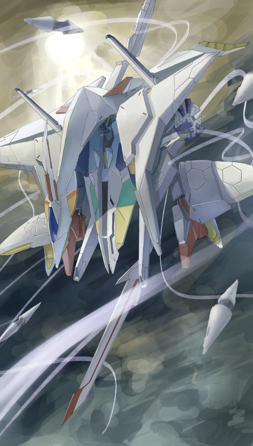 absurdres bin_jiang chinese_commentary flying from_above gundam gundam_hathaway's_flash highres mecha missile mobile_suit no_humans penelope_(hathaway's_flash) sketch solo sunlight v-fin