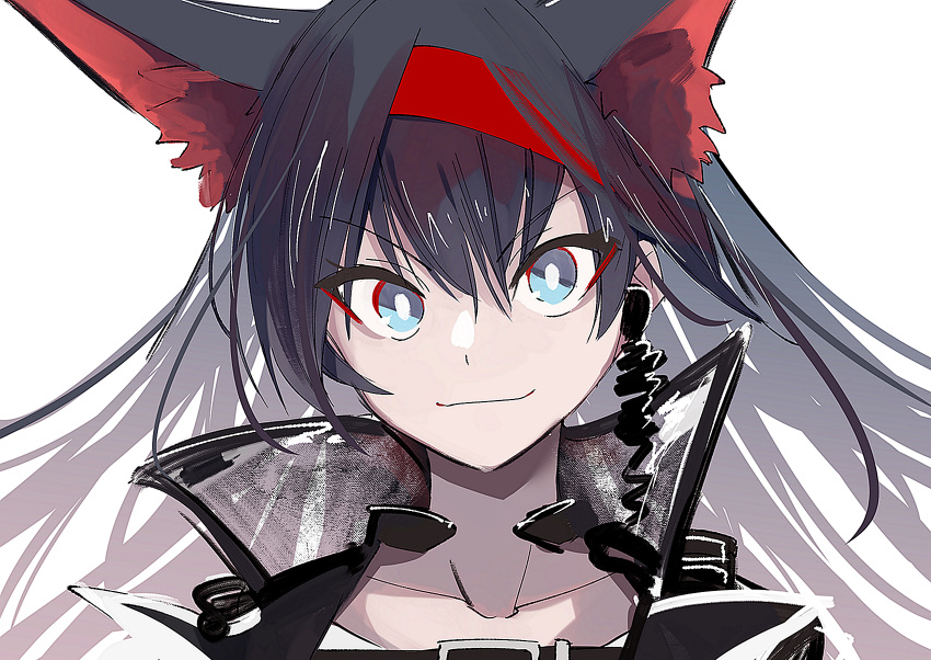 1girl animal_ears arknights black_hair blaze_(arknights) blue_eyes cat_ears close-up collarbone earpiece extra_ears hairband highres jacket long_hair looking_at_viewer portrait red_hairband smile solo straight-on tetuw v-shaped_eyebrows white_jacket