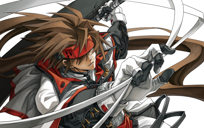 1boy belt brown_eyes brown_hair dong_hole english_text gloves guilty_gear guilty_gear_xx hair_over_one_eye headband highres huge_weapon long_hair male_focus multiple_belts order-sol outstretched_hand ponytail red_headwear solo very_long_hair weapon white_gloves