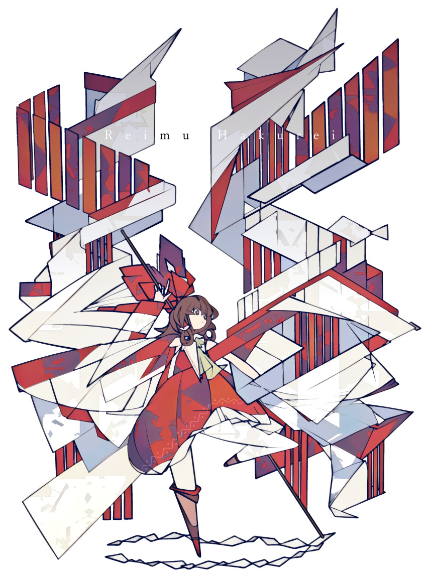 1girl absurdres adapted_costume ascot bow brown_hair character_name cubism detached_sleeves geometric_pattern gohei hair_bow hair_tubes hakurei_reimu harano_kaguyama highres medium_hair nontraditional_miko pose red_bow red_skirt red_vest skirt solo touhou very_long_sleeves vest white_background wide_sleeves yellow_neckwear