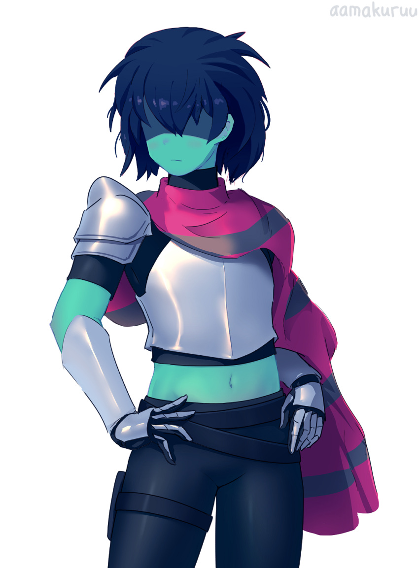 1other aamakuruu androgynous bangs blue_bodysuit blue_hair blue_skin bodysuit colored_skin crop_top deltarune gauntlets hair_over_eyes highres kris_(deltarune) light_blush scarf shaded_face short_hair skinny solo striped striped_scarf teenage torso white_background