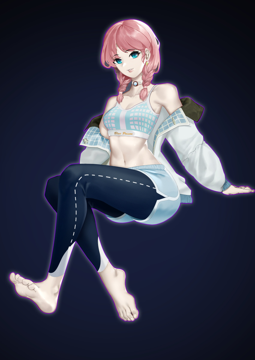 1girl absurdres arknights bangs bare_shoulders barefoot blue_background blue_eyes blue_poison_(arknights) blue_poison_(shoal_beat)_(arknights) blue_shorts breasts choker commentary_request crop_top eyebrows_visible_through_hair grin highres invisible_chair jacket leggings long_hair long_sleeves looking_at_viewer midriff navel off_shoulder open_clothes open_jacket parted_lips pink_hair short_shorts shorts simple_background sitting small_breasts smile solo sports_bra stomach white_jacket xihongshiniuroubao_zipora