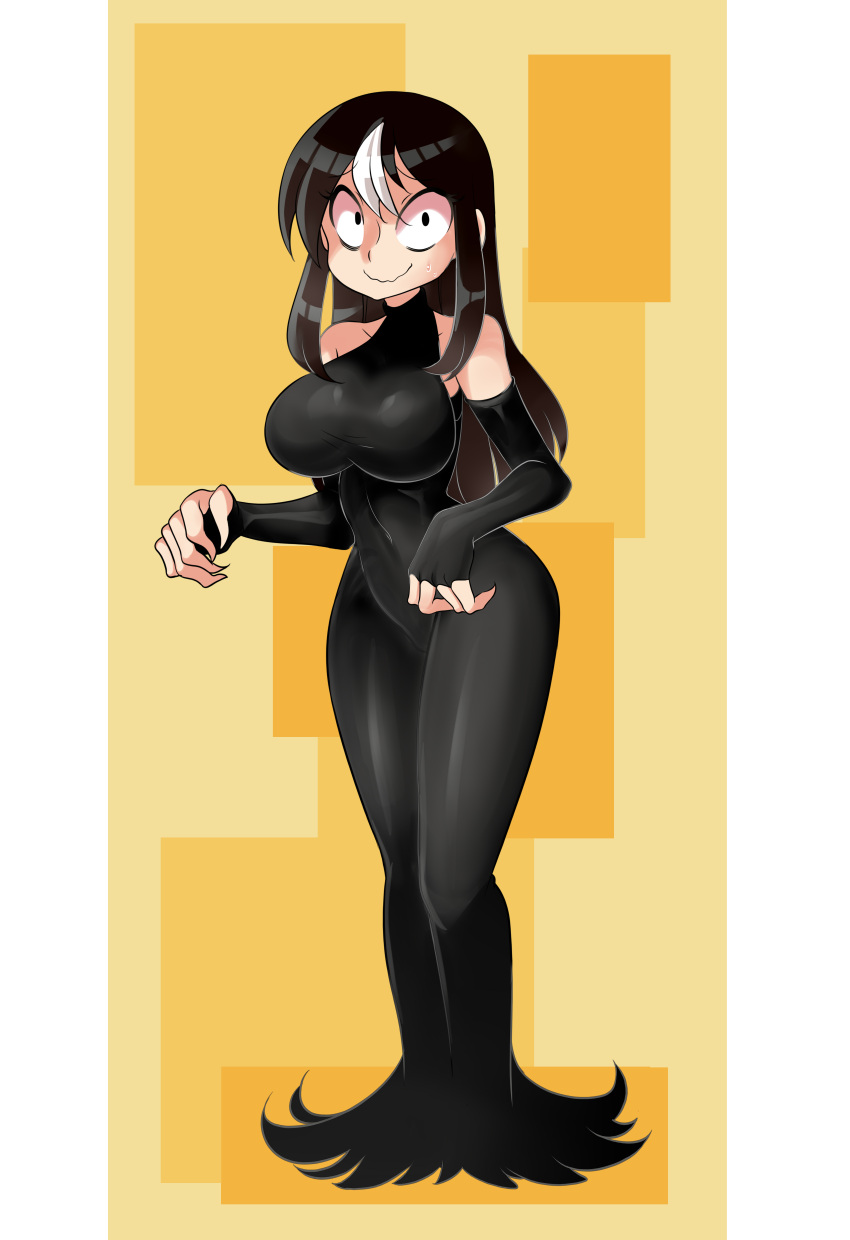 1girl absurdres bare_shoulders black_dress black_hair borrowed_character breasts closed_mouth covered_navel dress elbow_gloves fingerless_gloves full_body gloves highres impossible_clothes impossible_dress long_dress long_hair lucyfer medium_breasts multicolored_hair noss_(rariatto) original sanpaku sidelocks skin_tight sleeveless sleeveless_dress smile solo streaked_hair wavy_mouth white_hair