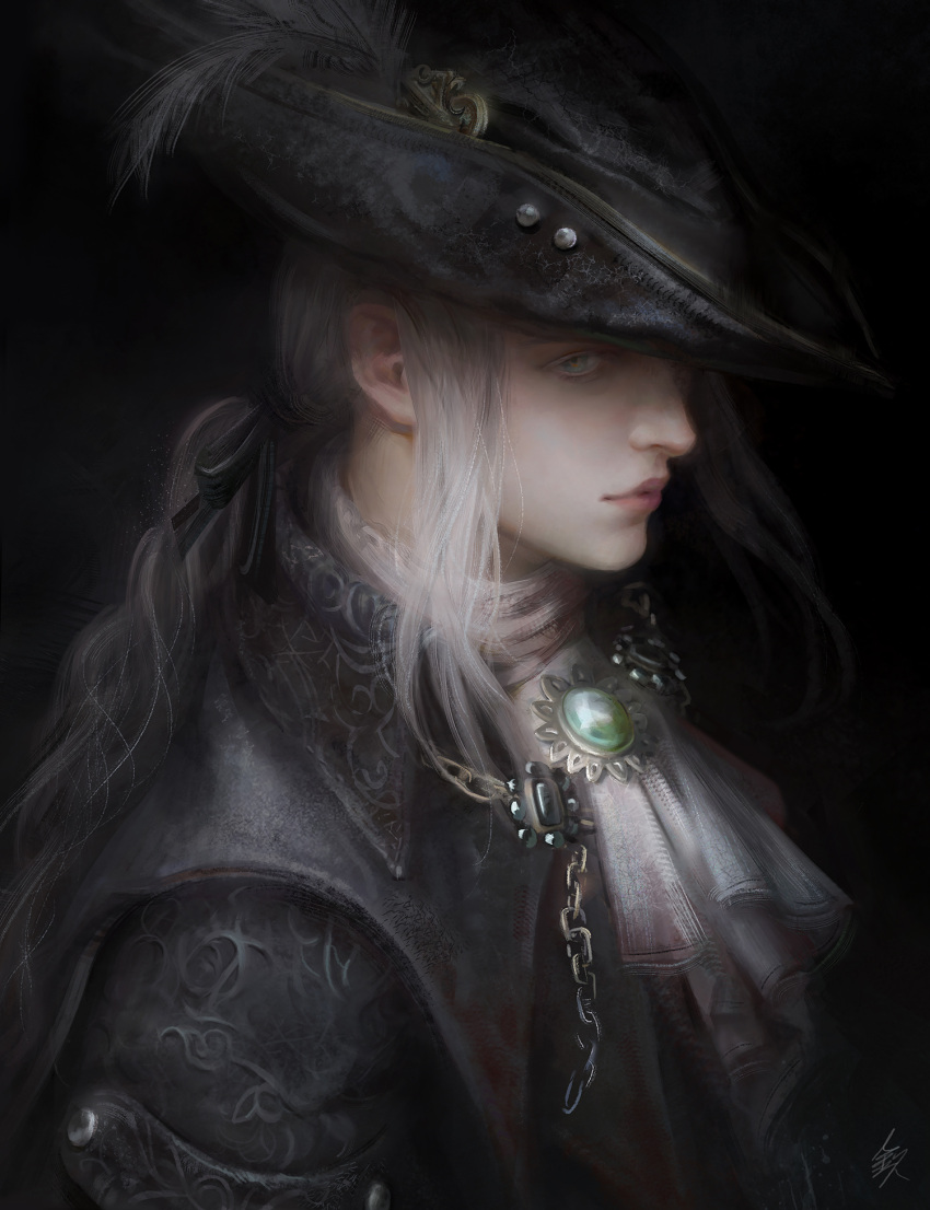 1girl black_headwear bloodborne blue_eyes hat highres jewelry lady_maria_of_the_astral_clocktower lips ponytail portrait silver_hair solo_focus white_hair