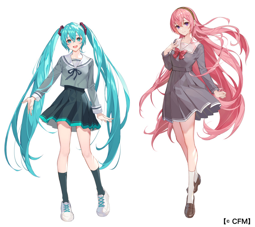 2girls alternate_costume aqua_eyes aqua_hair arm_at_side arms_at_sides bangs black_hairband black_legwear black_ribbon black_skirt blouse blue_eyes blue_hair breasts brown_footwear closed_mouth collarbone collared_dress commentary_request contrapposto crypton_future_media dot_nose dress eyebrows_visible_through_hair fingernails flat_chest floating_hair full_body grey_blouse grey_dress hair_between_eyes hairband hand_on_own_chest hand_up hatsune_miku height_difference highres kneehighs legs_apart legs_together light_blush light_smile loafers long_hair long_sleeves megurine_luka multiple_girls neck_ribbon official_art open_mouth pink_hair pink_pupils pleated_dress pleated_skirt red_ribbon ribbon sailor_collar school_uniform serafuku shiny shiny_hair shoes side-by-side sidelighting simple_background skirt small_breasts sneakers standing teeth teffish tsurime twintails two-tone_skirt upper_teeth very_long_hair violet_eyes vocaloid white_background white_footwear white_legwear white_sailor_collar