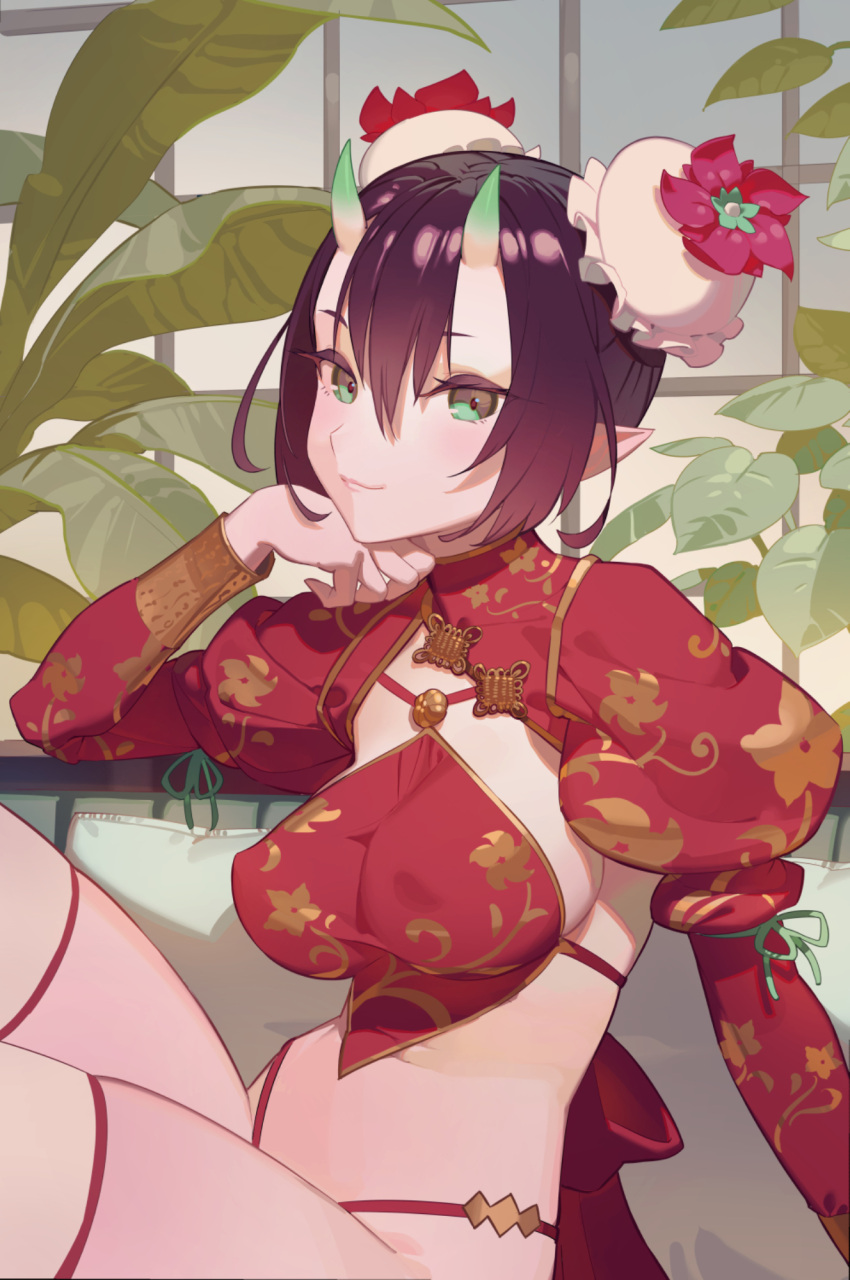1girl arm_support bangs black_hair breasts bun_cover chinese_clothes closed_mouth commentary covered_nipples demon_girl double_bun dudou floral_print flower green_eyes hair_between_eyes hand_on_own_cheek hand_on_own_face hand_up head_rest highres hks_(timbougami) horns juliet_sleeves leaf long_sleeves looking_at_viewer medium_breasts oni oni_horns original panties plant pointy_ears puffy_long_sleeves puffy_sleeves red_flower revealing_clothes short_hair shrug_(clothing) sidelocks sitting skin-covered_horns smile solo stomach thigh-highs underwear