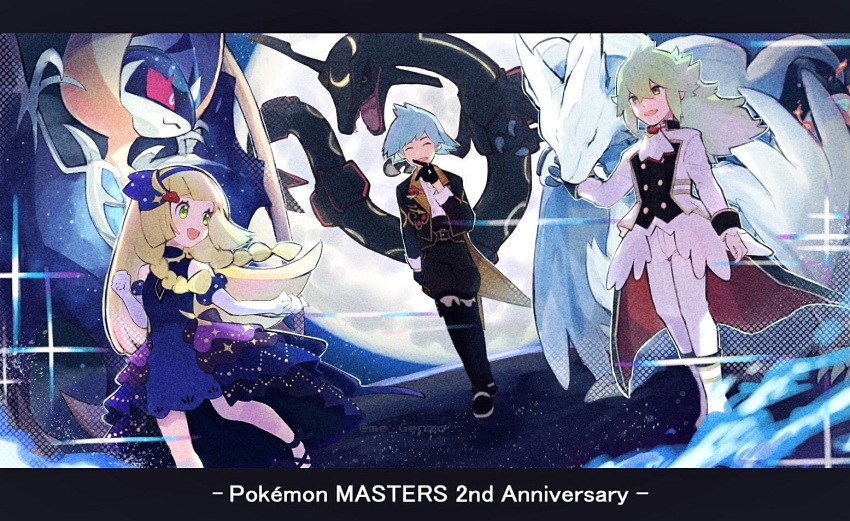 1girl 2boys :d alternate_color anniversary bangs black_gloves blonde_hair blue_dress braid closed_eyes commentary_request copyright_name dress elbow_gloves eyelashes genzou_(me_genzo) gloves green_eyes green_hair hand_up jacket lillie_(pokemon) long_hair long_sleeves lunala multiple_boys n_(pokemon) official_alternate_costume open_mouth pants pokemon pokemon_(game) pokemon_masters_ex rayquaza reshiram shiny_pokemon smile steven_stone twin_braids waist_cape white_jacket white_pants