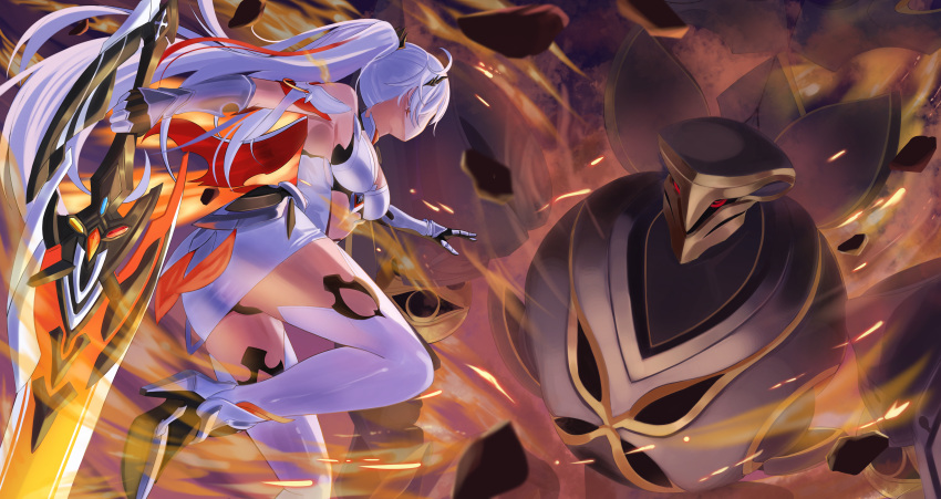 1girl absurdres aircell armor ass back bare_shoulders black_panties boots earrings flaming_sword flaming_weapon gauntlets hair_ornament herrscher_of_dominance highres holding holding_sword holding_weapon honkai_(series) honkai_impact_3rd jewelry kiana_kaslana kiana_kaslana_(herrscher_of_flamescion) long_hair looking_at_another panties ponytail solo sword thigh-highs thigh_boots underwear weapon white_footwear white_hair
