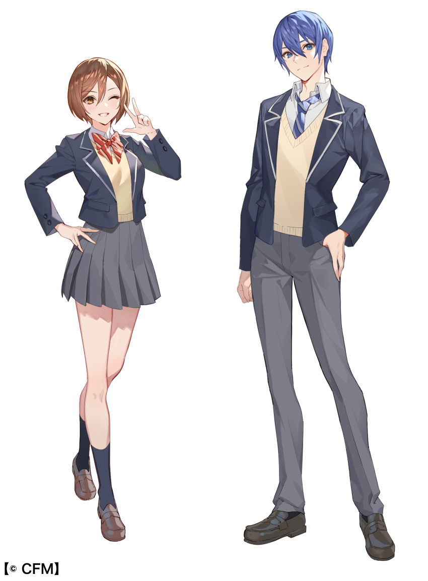1boy 1girl alternate_costume beige_sweater_vest black_footwear black_jacket black_legwear blazer blue_eyes blue_hair blue_necktie blue_neckwear breasts brown_eyes brown_footwear brown_hair clenched_teeth closed_mouth collared_shirt commentary_request crypton_future_media dot_nose full_body grey_pants grey_skirt grin hair_between_eyes hand_on_hip hand_up height_difference highres jacket kaito_(vocaloid) kneehighs light_blush loafers long_sleeves looking_at_viewer medium_breasts meiko neck_ribbon necktie official_art one_eye_closed open_clothes open_jacket pants pleated_skirt red_ribbon ribbon school_uniform shirt shoes short_hair side-by-side sidelighting simple_background skirt smile standing striped striped_necktie striped_neckwear striped_ribbon sweater_vest teeth teffish tsurime v vocaloid white_background