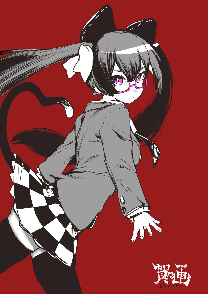 1girl absurdres animal_ears bangs cat_ears cat_girl cat_tail checkered checkered_skirt closed_mouth glasses hair_between_eyes hair_ribbon heart heart_tail highres jacket long_hair original pink-framed_eyewear pink_eyes red_background ribbon rx_hts simple_background skirt solo spot_color tail thigh-highs twintails twitter_username