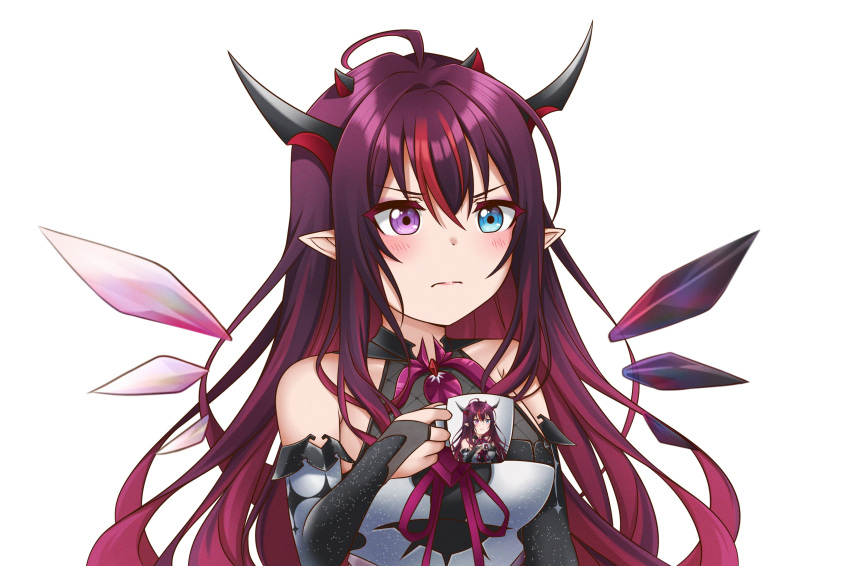 1girl absurdres annoyed blue_eyes breasts commentary cup detached_sleeves frown heterochromia highres holding holding_cup hololive hololive_english horns irys_(hololive) jan_azure medium_breasts meme multicolored_hair multiple_horns neon_genesis_evangelion photo-referenced pointy_ears portrait purple_hair redhead repetition shinji_holding_a_mug_(meme) streaked_hair symbol-only_commentary teacup v-shaped_eyebrows violet_eyes virtual_youtuber