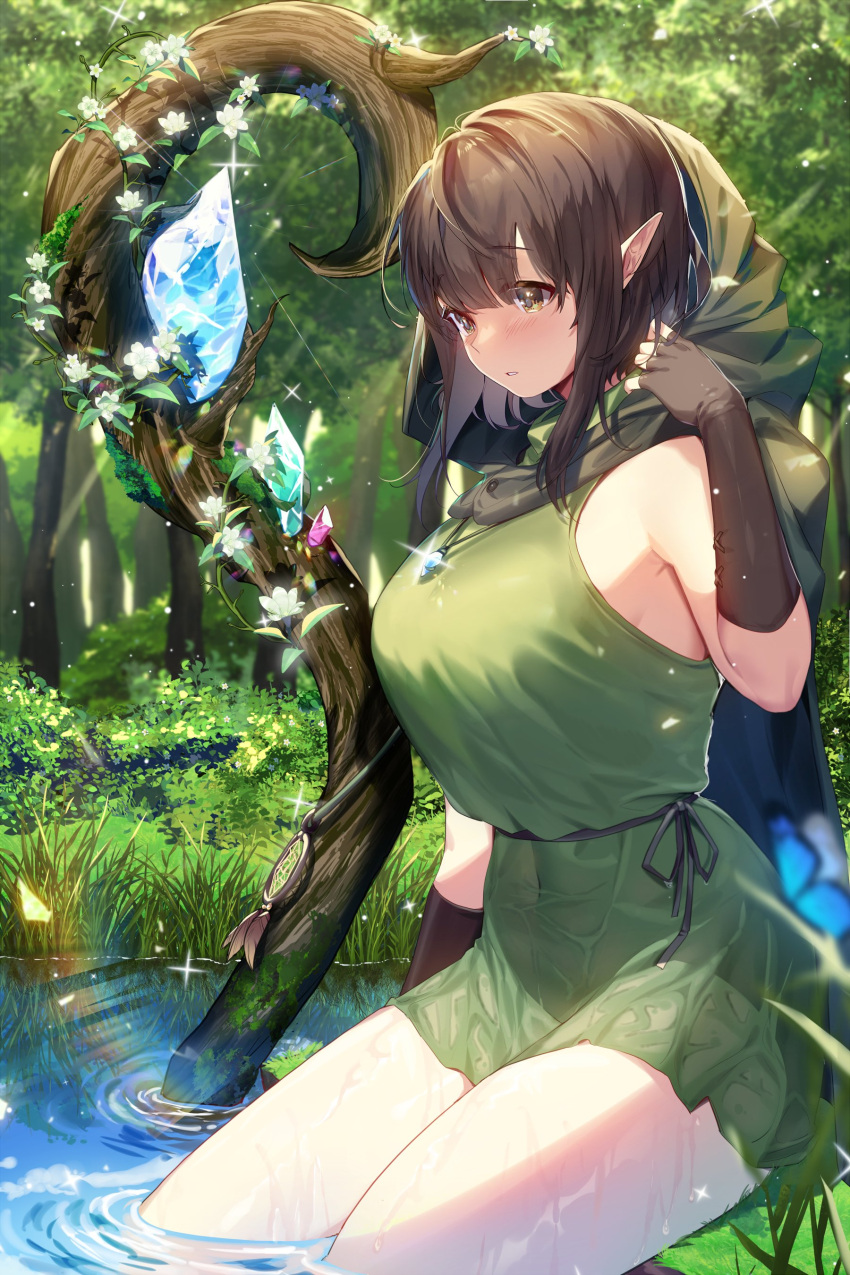 1girl absurdres blush brown_gloves brown_hair cape commentary copyright_request cowboy_shot fingerless_gloves gloves grass green_tunic highres hood hooded_cape in_water jewelry mendou_kusai necklace outdoors plant pointy_ears root short_hair sidelocks solo symbol-only_commentary thighs tree wet wet_clothes yellow_eyes