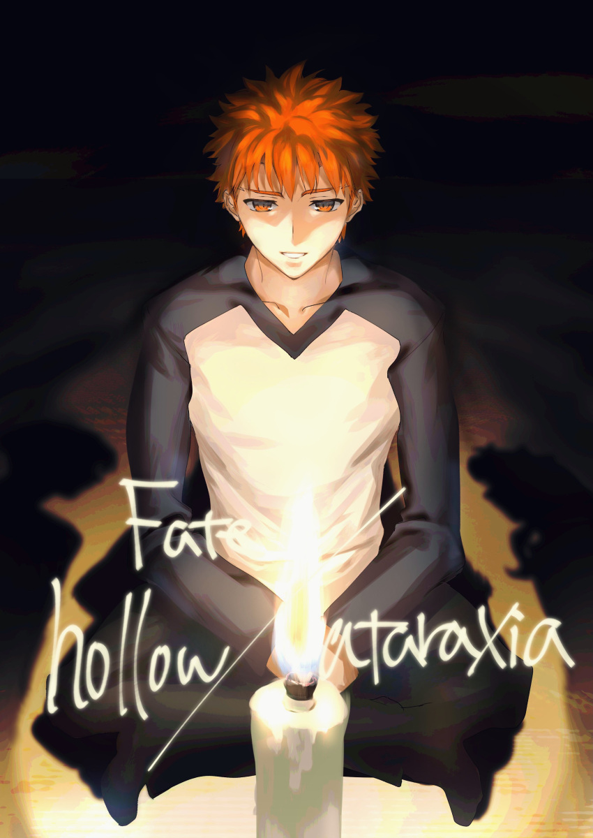 1boy absurdres candle emiya_shirou english_text fate/hollow_ataraxia fate_(series) highres indian_style light looking_at_viewer male_focus open_mouth orange_eyes orange_hair raglan_sleeves shaded_face shadow sitting solo spiky_hair y_das_a_r