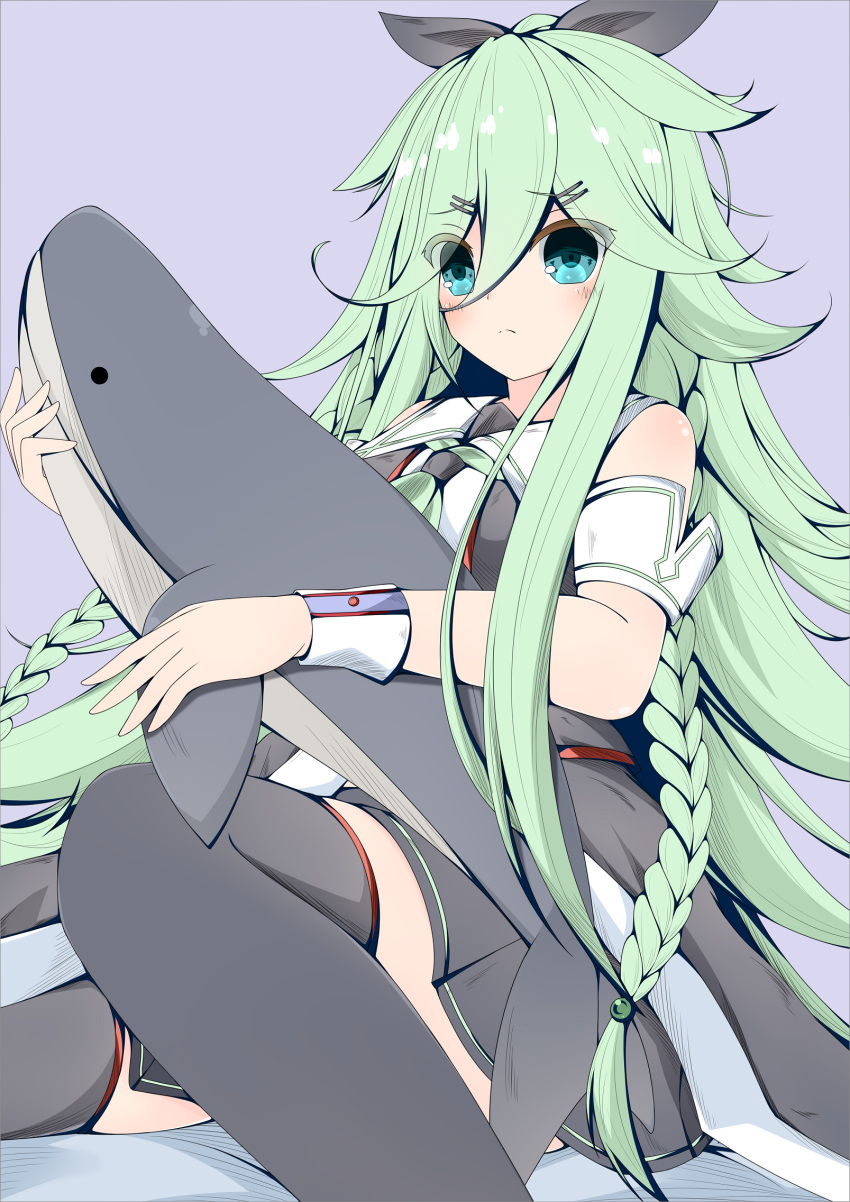 1girl adapted_costume arm_cuffs black_legwear black_ribbon black_serafuku black_skirt blue_neckerchief blue_neckwear blue_ribbon eyebrows_visible_through_hair green_eyes green_hair green_neckwear hair_between_eyes hair_flaps hair_ornament hair_ribbon hairclip highres kantai_collection long_hair looking_at_viewer misu_t_(ccc) neckerchief painttool_sai_(medium) pleated_skirt ponytail ribbon school_uniform serafuku sidelocks sitting skirt smile solo stuffed_animal stuffed_toy thigh-highs whale yamakaze_(kancolle)