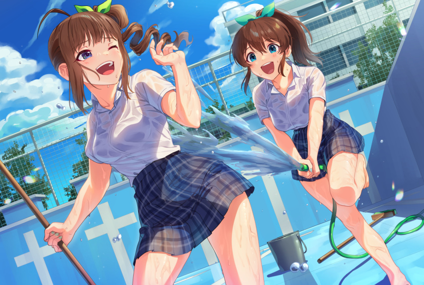 2girls :d ;d ahoge bangs barefoot blue_eyes blue_skirt blue_sky bralines broom brown_hair bucket clouds cloudy_sky commentary day dress_shirt drill_hair dutch_angle empty_pool fence green_ribbon hair_ribbon half-closed_eye holding holding_broom holding_hose hose idolmaster idolmaster_million_live! kamille_(vcx68) leaning_forward leg_up looking_at_another looking_back medium_hair miniskirt multiple_girls one_eye_closed open_mouth outdoors plaid plaid_skirt pleated_skirt ponytail pool ribbon running satake_minako school school_uniform shirt short_sleeves side_drill side_ponytail skirt sky smile spraying standing standing_on_one_leg water wet wet_clothes wet_shirt white_shirt yokoyama_nao