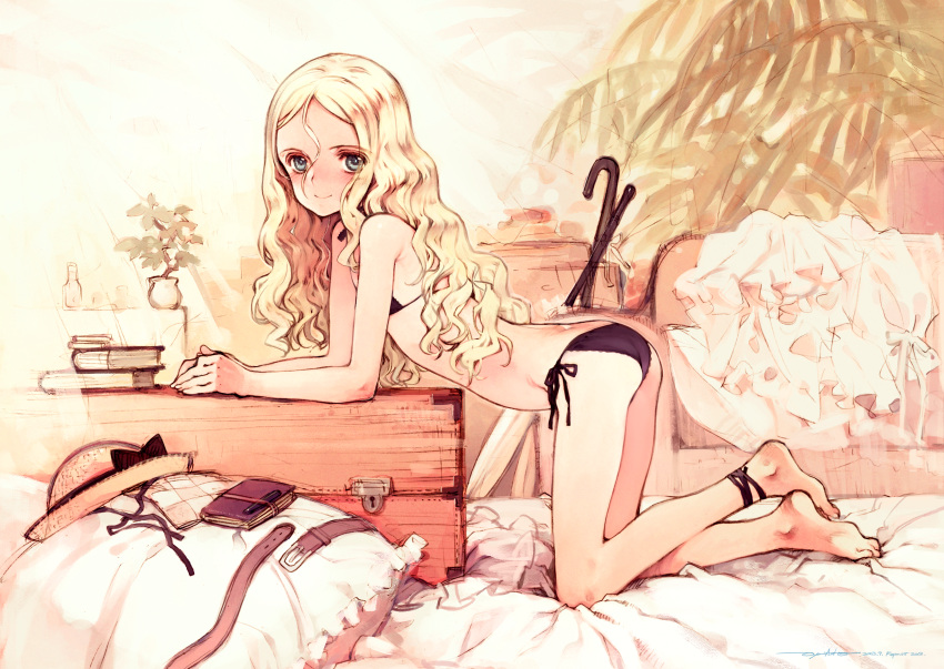 1girl absurdres ankle_ribbon ass barefoot bed_sheet bent_over bikini black_bikini blonde_hair blue_eyes blush book charlotte_francia dated dress dress_removed flat_chest hair_between_eyes hat hat_removed headwear_removed highres legs long_hair long_legs looking_at_viewer oyari_ashito pillow quartett! redrawn ribbon side-tie_bikini signature smile solo swimsuit thighs wavy_hair white_dress