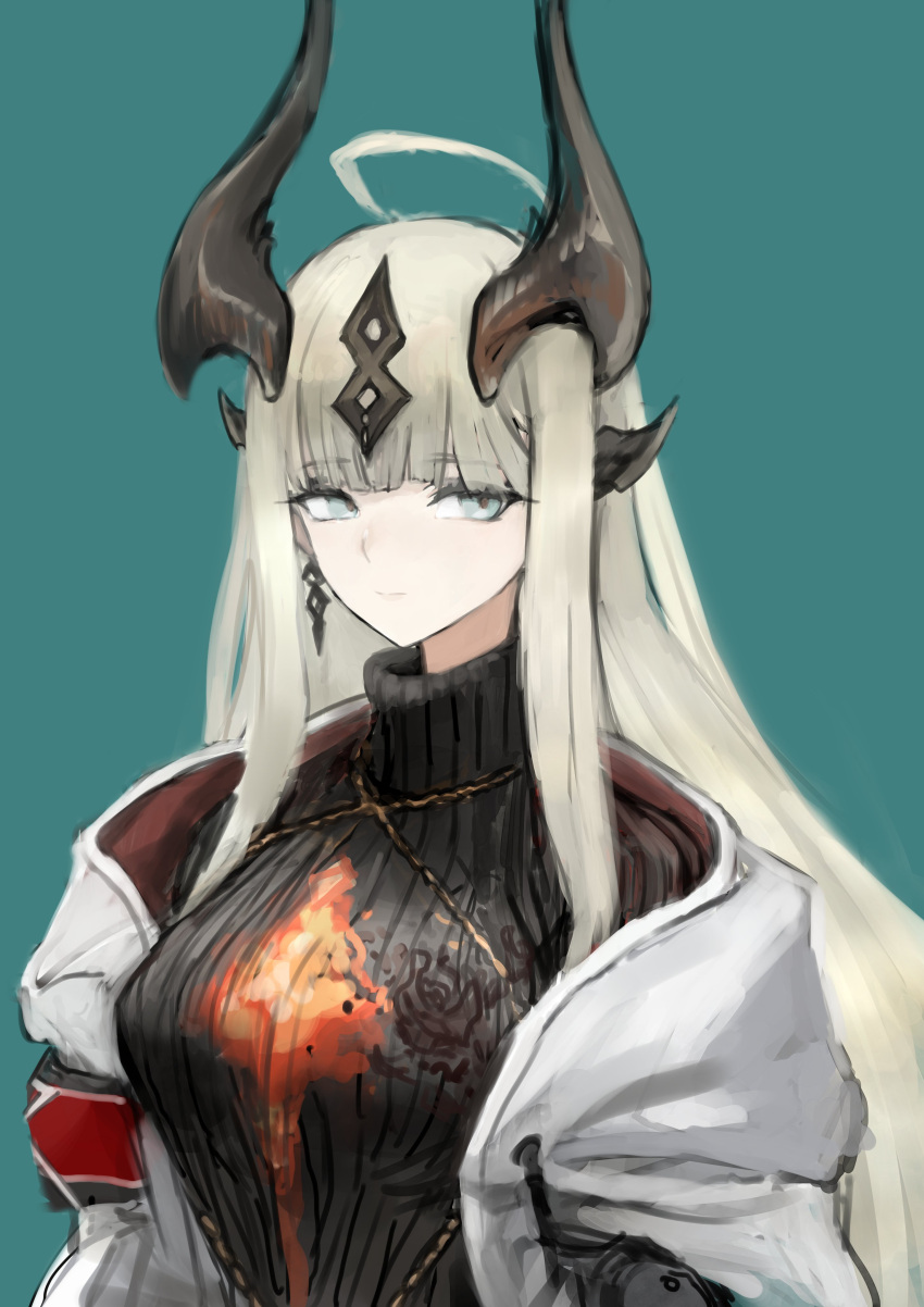 1girl absurdres ahoge arknights bangs black_sweater blue_background blue_eyes blunt_bangs breasts closed_mouth commentary dragon_horns earrings expressionless fire gnggp hair_ornament highres horns jacket jewelry large_breasts long_hair looking_at_viewer open_clothes open_jacket reed_(arknights) ribbed_sweater sidelocks silver_hair simple_background solo straight_hair sweater turtleneck turtleneck_sweater upper_body white_jacket