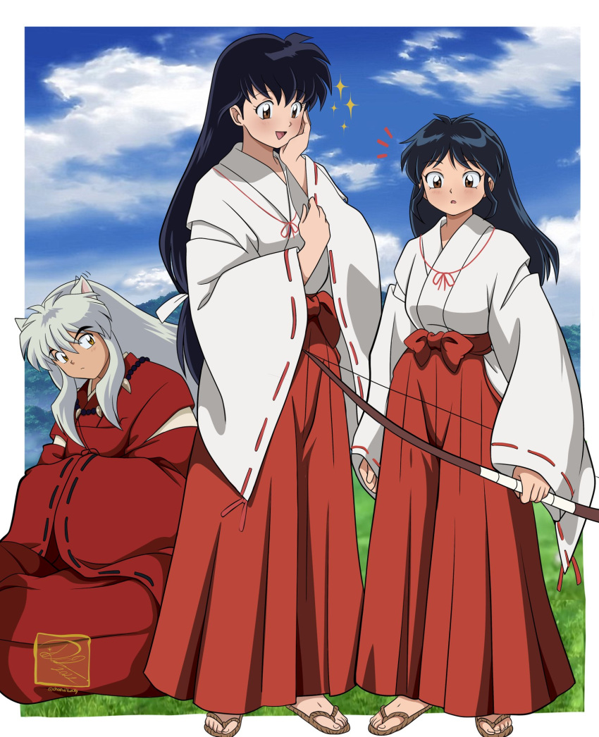 1boy 2girls animal_ears bangs black_hair bow_(weapon) brown_eyes chandllucky dog_ears eyebrows_visible_through_hair family father_and_daughter han'you_no_yashahime hand_on_own_face highres higurashi_kagome holding holding_bow_(weapon) holding_weapon husband_and_wife inuyasha inuyasha_(character) japanese_clothes kimono long_hair long_sleeves matching_outfit moroha mother_and_daughter multiple_girls sandals sidelocks silver_hair very_long_hair weapon wide_sleeves yellow_eyes