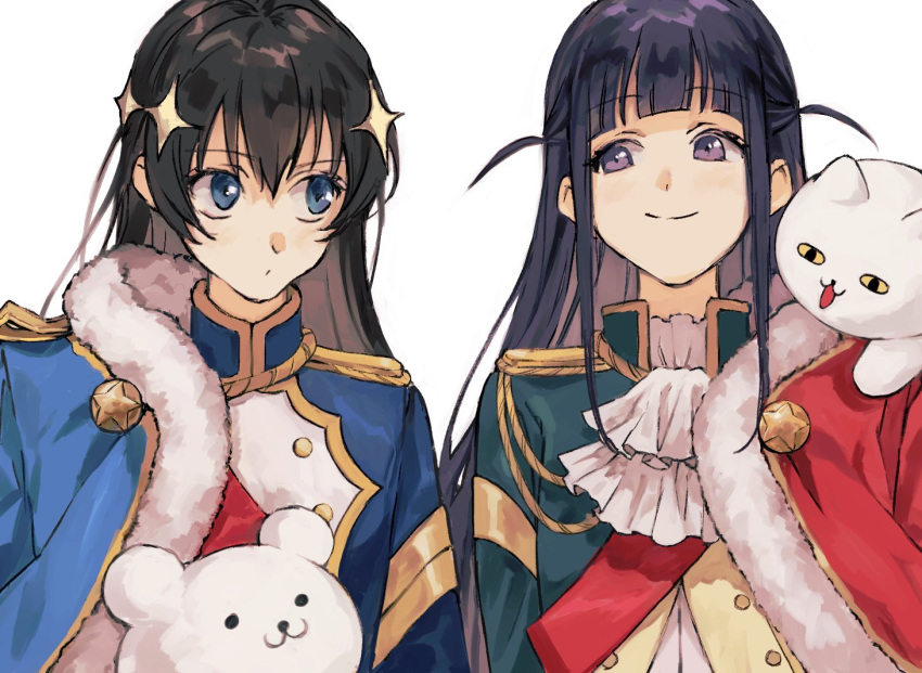 2girls aiguillette arm_at_side ascot bangs black_hair blue_eyes blue_jacket blunt_bangs buttons closed_mouth epaulettes eyebrows_visible_through_hair fur-trimmed_jacket fur_trim gold_trim green_jacket hair_between_eyes hair_ornament jacket jacket_on_shoulders kagura_hikari kozukue_(estsuk) light_blush long_hair looking_at_another looking_to_the_side multiple_girls purple_hair red_jacket red_sash sash shoujo_kageki_revue_starlight side-by-side sidelocks sideways_glance simple_background smile sparkle_hair_ornament stuffed_animal stuffed_cat stuffed_toy teddy_bear tsuyuzaki_mahiru two_side_up upper_body violet_eyes white_ascot white_background