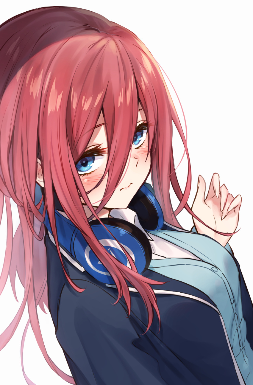 1girl bangs blue_cardigan blue_eyes blue_jacket blush breasts brown_hair buttons cardigan closed_mouth collared_shirt commentary_request diieru eyebrows_visible_through_hair go-toubun_no_hanayome hair_between_eyes headphones headphones_around_neck highres jacket large_breasts long_hair looking_at_viewer looking_up nakano_miku open_clothes open_jacket school_uniform shadow shirt sidelocks simple_background solo uniform upper_body white_background white_shirt