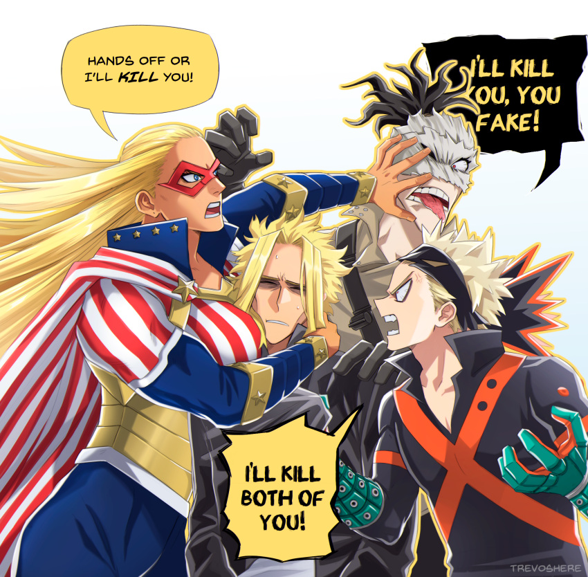 1girl 3boys anger_vein artist_name bakugou_katsuki bangs black_hair black_jacket black_shirt blonde_hair blue_bodysuit bodysuit boku_no_hero_academia breasts cape collarbone english_commentary english_text eye_mask gloves green_gloves grey_background grey_shirt hair_up hands_up highres jacket large_breasts long_hair mask multiple_boys open_mouth profile red_cape shiny shiny_hair shirt short_hair simple_background speech_bubble stain_(boku_no_hero_academia) stars_and_stripes_(boku_no_hero_academia) striped_bodysuit striped_cape sweat teeth tongue tongue_out trevo_(trevoshere) white_cape yagi_toshinori