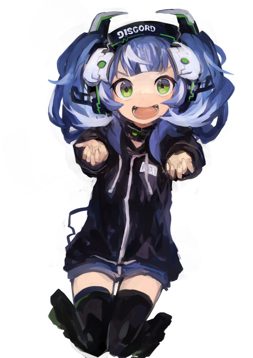 1girl absurdres bangs black_hoodie blunt_bangs collar discord discord-chan green_eyes headphones highres hood hoodie kaamin_(mariarose753) looking_at_viewer open_mouth outstretched_arms purple_hair short_shorts shorts smile solo thigh-highs twintails v-shaped_eyebrows white_background zettai_ryouiki