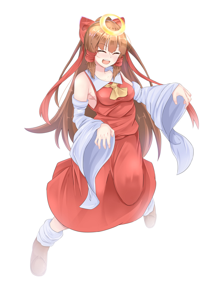 1girl absurdres ascot bangs blush bow breasts brown_footwear brown_hair closed_eyes commentary_request cookie_(touhou) detached_sleeves eyebrows_visible_through_hair full_body hair_bow hair_tubes hakurei_reimu halo highres hyper_muteki_(artist) long_hair medium_breasts open_mouth red_bow red_shirt red_skirt shirt shoes simple_background skirt sleeveless sleeveless_shirt smile socks solo teeth touhou transparent_background upper_teeth white_legwear white_sleeves yamasaka_aimi yellow_ascot