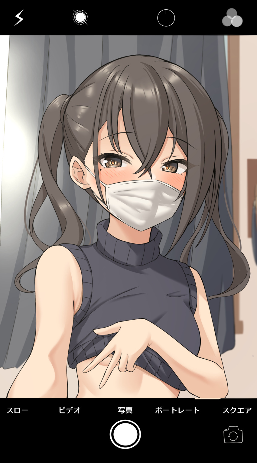 1girl absurdres bangs bare_arms bare_shoulders black_sweater blush breasts brown_eyes clothes_lift commentary_request curtains eyebrows_visible_through_hair hair_between_eyes heart heart-shaped_pupils highres idolmaster idolmaster_cinderella_girls idolmaster_cinderella_girls_starlight_stage long_hair looking_at_viewer mask mitsumine_raimu mouth_mask selfie sleeveless sleeveless_sweater sleeveless_turtleneck small_breasts solo sunazuka_akira surgical_mask sweater sweater_lift symbol-shaped_pupils turtleneck turtleneck_sweater twintails upper_body