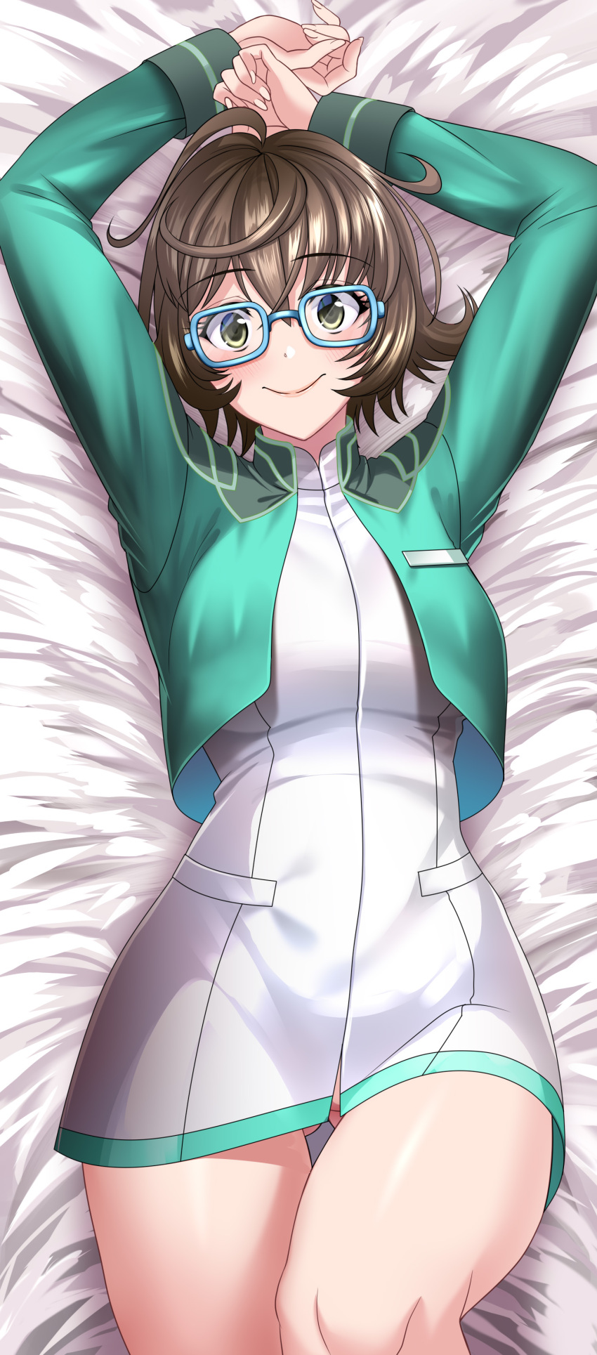 1girl absurdres ahoge arms_up bangs blue-framed_eyewear blush breasts brown_hair cropped_jacket dress fate/grand_order fate_(series) glasses green_jacket hair_between_eyes highres jacket kogarasu1st large_breasts long_sleeves looking_at_viewer lying mable_macintosh on_back open_clothes open_jacket pantyhose short_dress short_hair smile solo thighs white_dress yellow_eyes