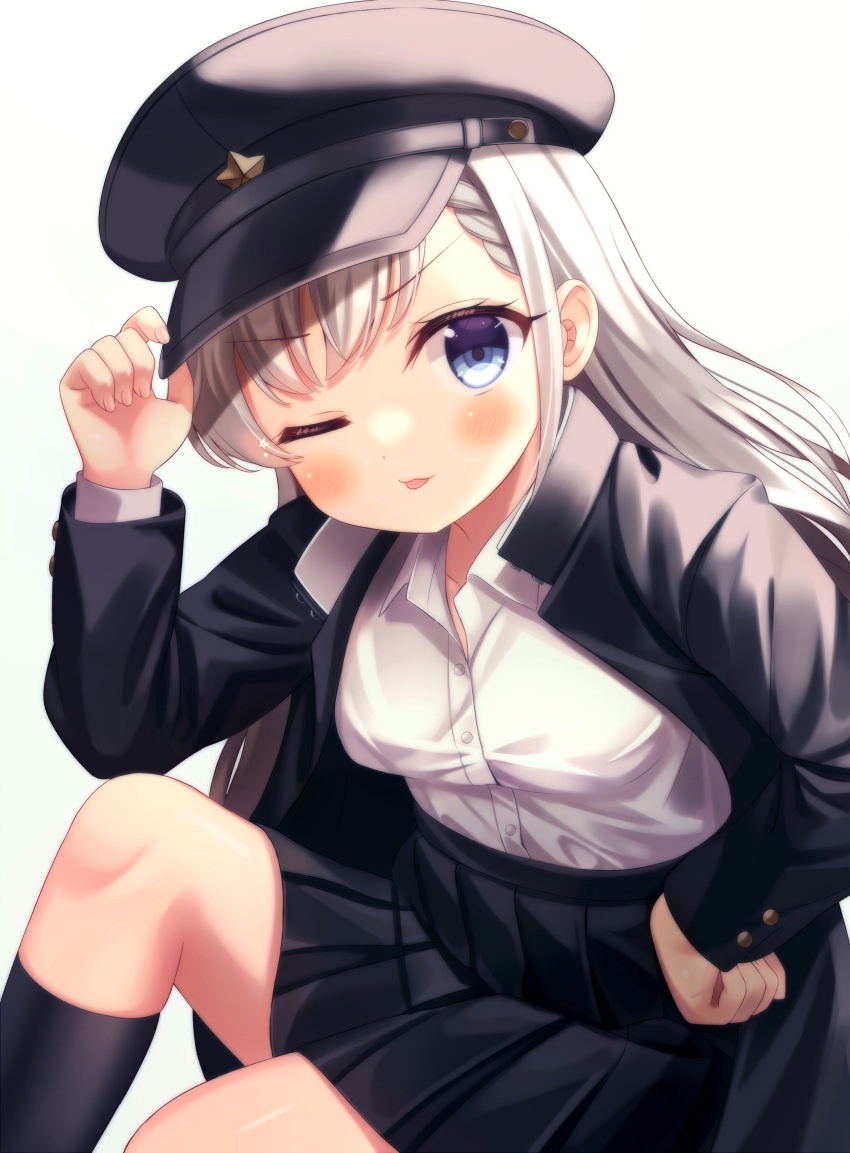 1girl ;p absurdres arm_up bangs black_headwear black_jacket black_legwear black_skirt blue_eyes blush braid braided_bangs breasts closed_mouth collared_shirt commentary_request dress_shirt eyebrows_visible_through_hair grey_hair hand_on_headwear hat highres hisakawa_hayate idolmaster idolmaster_cinderella_girls jacket kneehighs long_hair long_sleeves one_eye_closed open_clothes open_jacket peaked_cap pleated_skirt shirt simple_background skirt small_breasts smile solo tongue tongue_out v-shaped_eyebrows white_background white_shirt yata_(yatao_zzz)