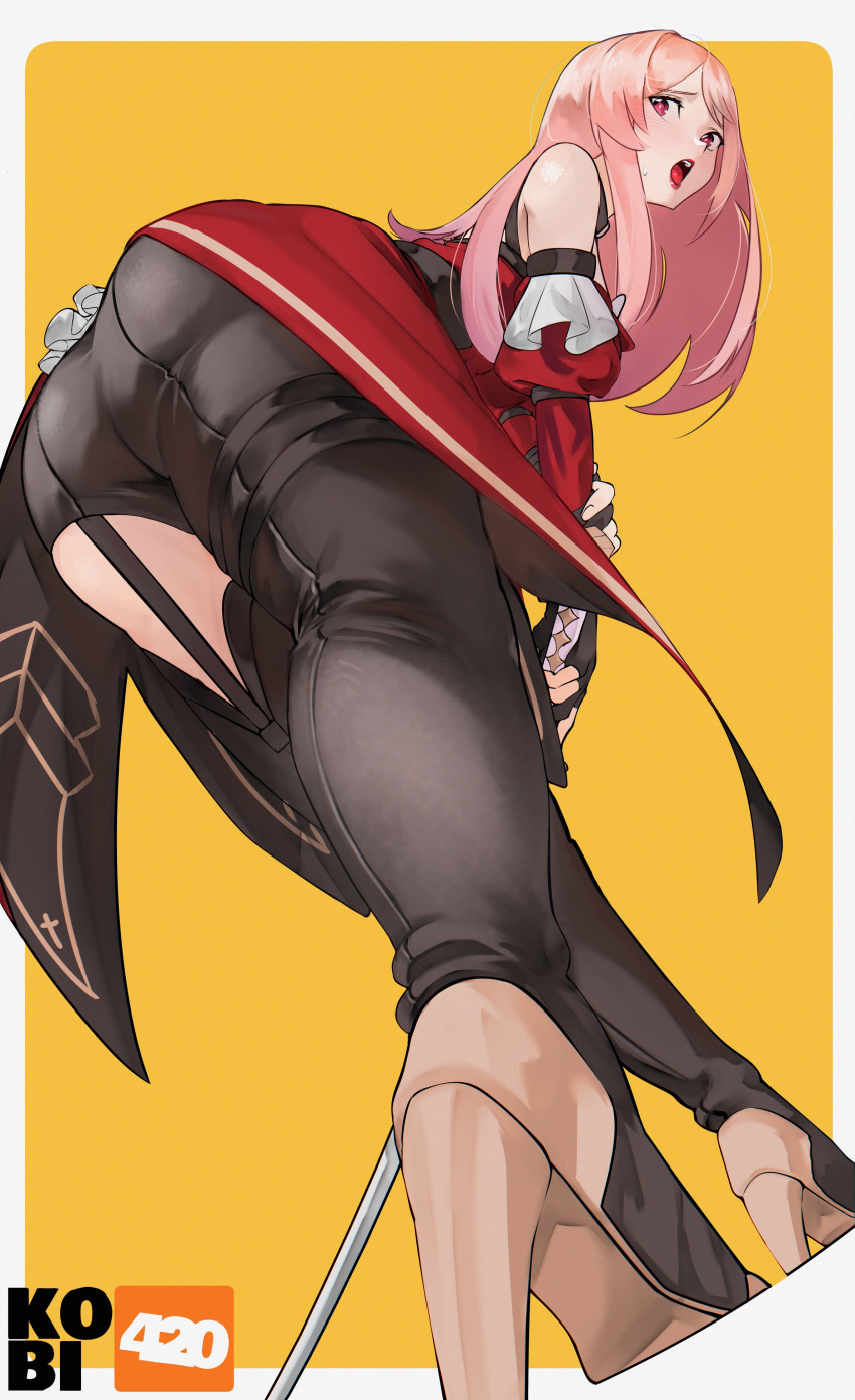1girl absurdres artist_name ass bare_shoulders black_legwear black_pants bodysuit detached_sleeves frilled_sleeves frills from_below gloves gold_trim high_heels highres holding holding_sword holding_weapon katana kobi420 legs open_mouth original pants partially_fingerless_gloves pink_hair red_eyes red_lips solo sweatdrop sword symbol-only_commentary teeth thighs tongue two-tone_background upper_teeth weapon