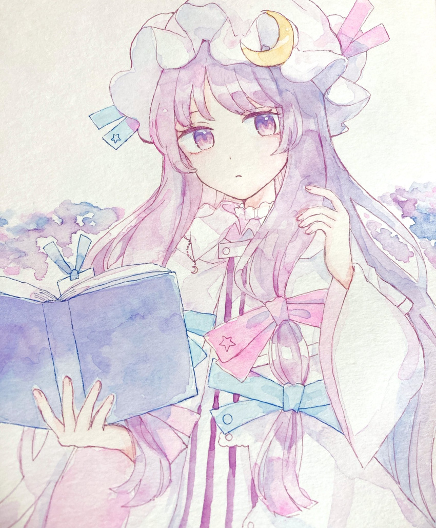 1girl bangs blue_ribbon book bookmark capelet crescent crescent_hat_ornament dress hair_ribbon hat hat_ornament hat_ribbon highres holding holding_book light_frown long_hair long_sleeves looking_at_viewer mob_cap mozukuzu_(manukedori) multi-tied_hair painting_(medium) patchouli_knowledge purple_hair red_ribbon ribbon robe striped striped_dress touhou traditional_media two-tone_dress vertical_stripes violet_eyes watercolor_(medium) white_headwear wide_sleeves