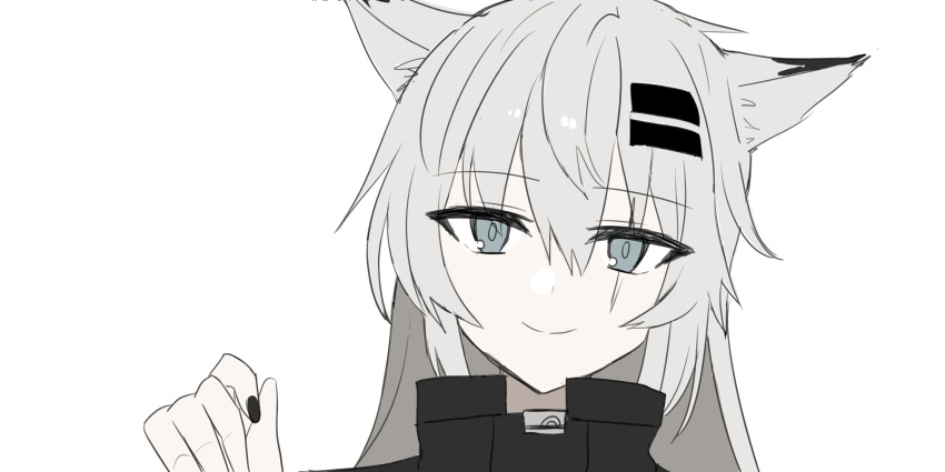 1girl absurdres animal_ear_fluff animal_ears arknights bangs black_jacket black_nails blue_eyes chihuri eyebrows_visible_through_hair grey_hair hair_between_eyes hair_ornament hairclip hand_up head_tilt high_collar highres jacket lappland_(arknights) looking_at_viewer nail_polish portrait simple_background solo white_background