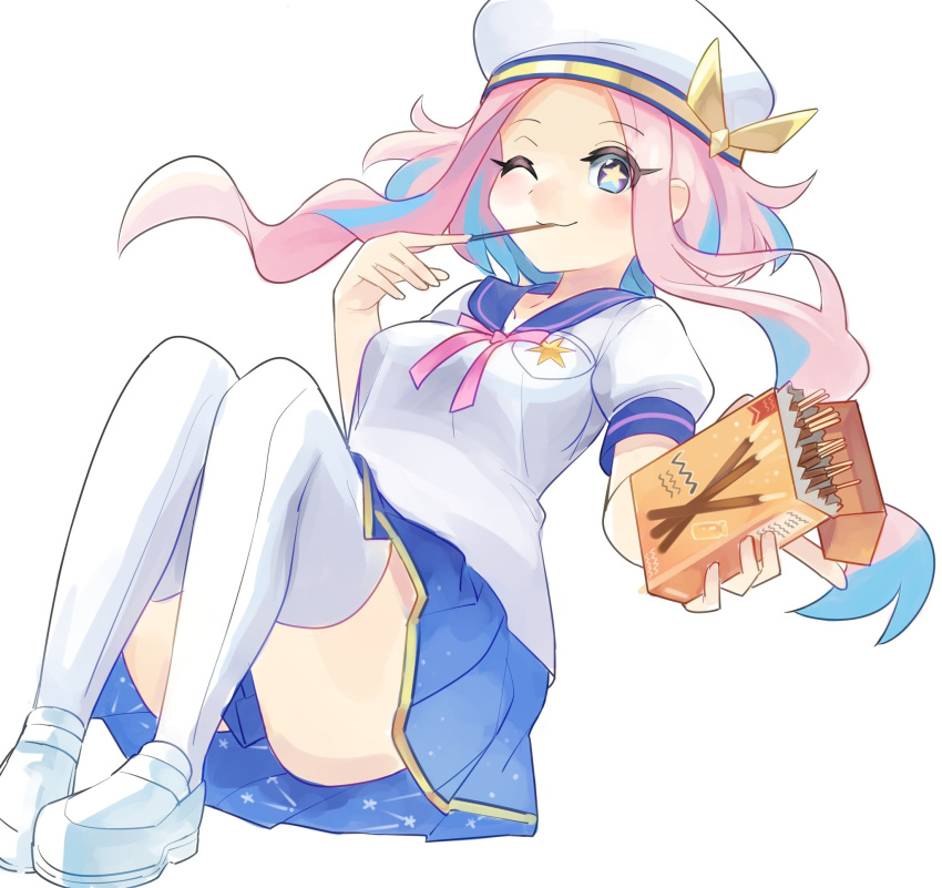 1girl :3 alternate_costume beret blue_hair blue_sailor_collar blush box breast_pocket breasts closed_mouth commentary_request constellation_print eating eyebrows_visible_through_hair food forehead full_body hands_up happy hat hat_ribbon highres holding holding_box holding_food jpeg_artifacts knees_up komuro_takahiro leaning_back legs_together light_blush long_hair looking_at_viewer medium_breasts miniskirt multicolored_hair neck_ribbon one_eye_closed orvelle_(world_flipper) pink_hair pink_ribbon pleated_skirt pocket pocky puffy_short_sleeves puffy_sleeves ribbon sailor_collar school_uniform shoes short_sleeves sidelocks simple_background sitting skirt smile solo star-shaped_pupils star_(symbol) streaked_hair symbol-shaped_pupils thigh-highs two-tone_hair violet_eyes white_background white_footwear white_headwear white_legwear world_flipper yellow_ribbon