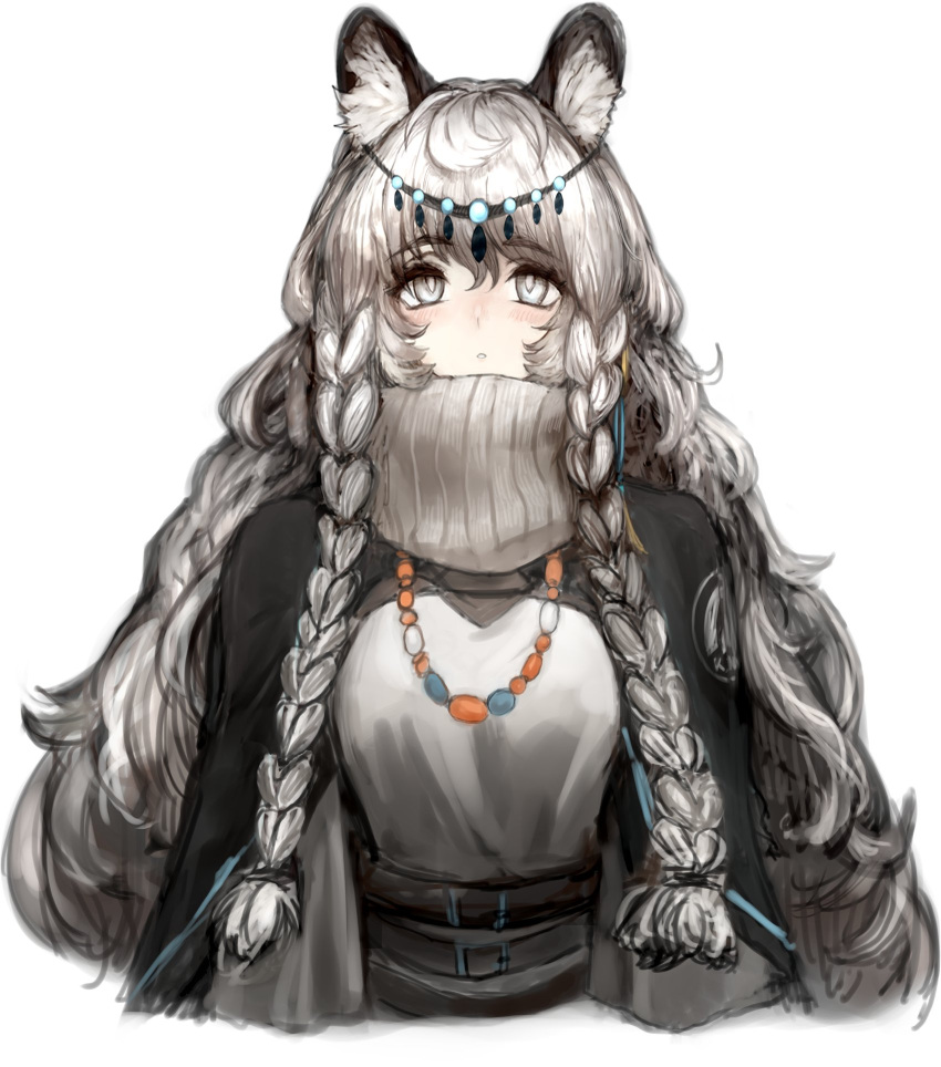 1girl animal_ear_fluff animal_ears arknights bead_bracelet beads black_cloak blush bracelet braid breasts circlet cloak commentary dress eyebrows_visible_through_hair eyelashes gnggp grey_dress grey_eyes grey_scarf hair_between_eyes highres jewelry leopard_ears long_hair looking_at_viewer medium_breasts parted_lips pramanix_(arknights) scarf side_braids simple_background solo strap twin_braids upper_body white_background
