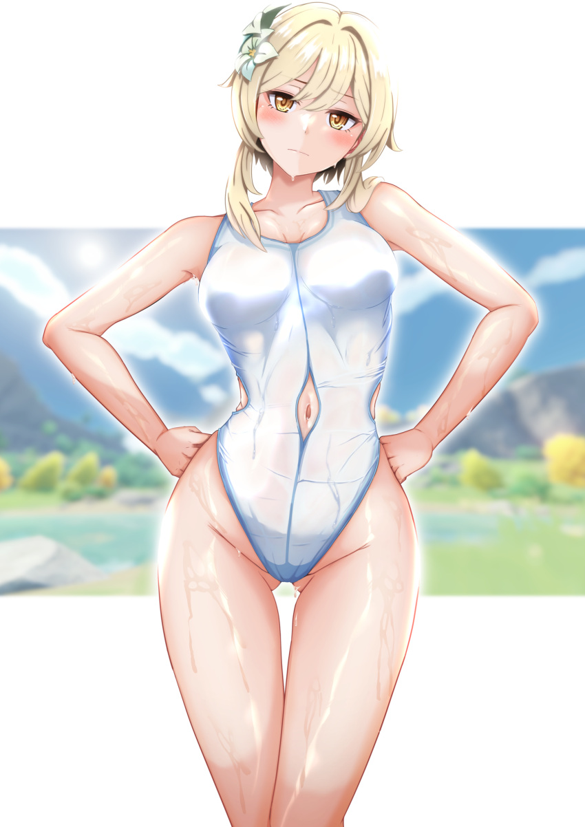 1girl ass_visible_through_thighs bare_arms bare_shoulders blonde_hair breasts competition_swimsuit flower genshin_impact glaring hair_flower hair_ornament highres looking_at_viewer lumine_(genshin_impact) navel one-piece_swimsuit orionstar sidelocks solo swimsuit wet yellow_eyes