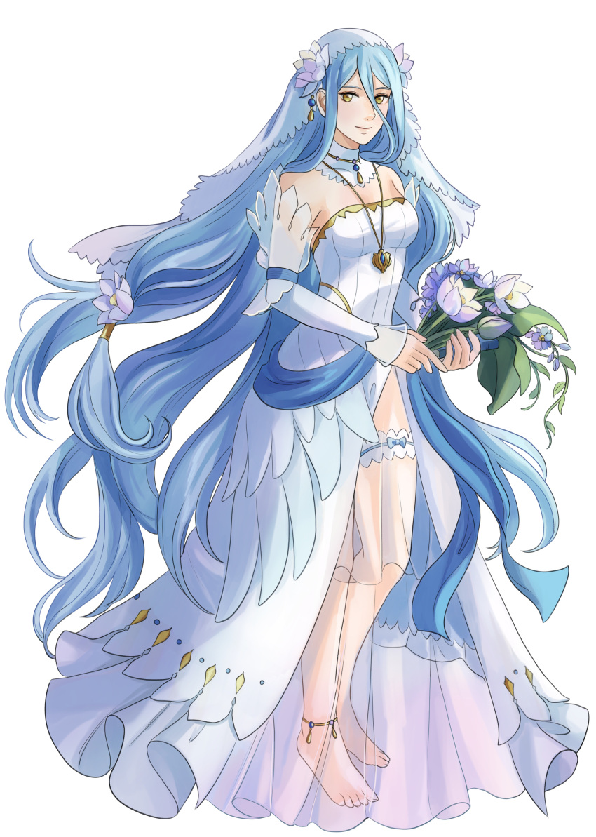 1girl absurdres anklet azura_(fire_emblem) bare_shoulders barefoot blue_hair bouquet dress fire_emblem fire_emblem_fates flower garter_belt highres jewelry leg_garter long_hair looking_at_viewer see-through smile tamafry veil very_long_hair white_background white_dress white_flower white_sleeves yellow_eyes