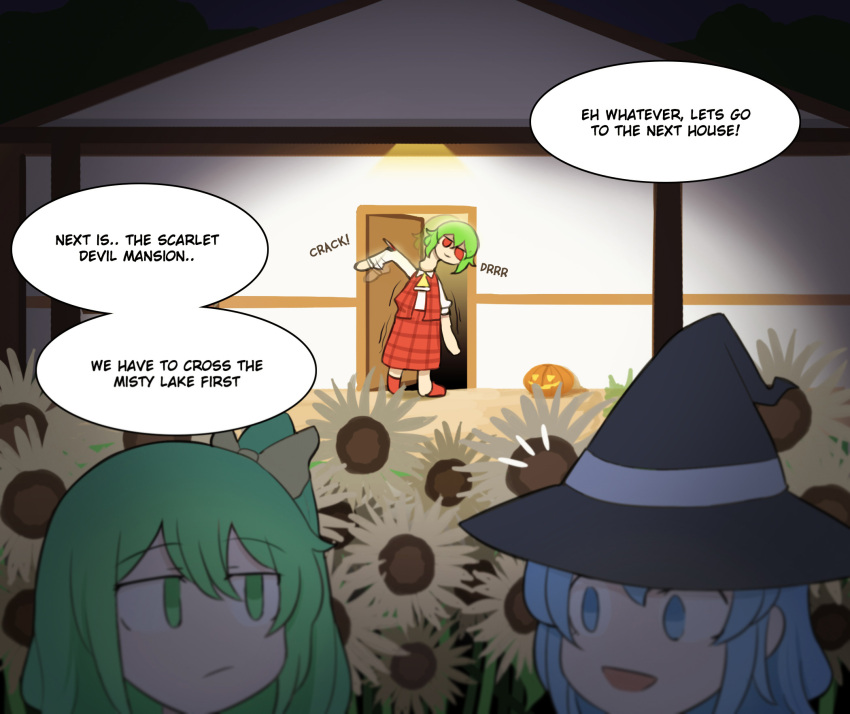 3girls :/ alternate_costume bangs basket black_dress blood blue_eyes blue_hair buttons cirno daiyousei dark door dress english_commentary english_text fairy fairy_wings fangs full_body fumo_(doll) green_eyes green_hair halloween halloween_costume hat hat_ribbon highres holding house ice ice_wings jack-o'-lantern kazami_yuuka long_sleeves mata_(matasoup) monster motion_lines multiple_girls open_mouth red_eyes red_neckwear red_skirt red_vest ribbon short_hair side_ponytail skirt standing touhou trick_or_treat vest wings witch_hat