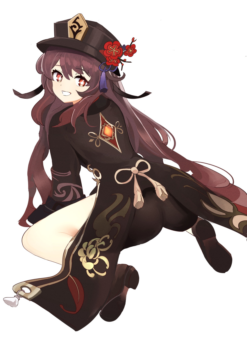 1girl absurdres ass black_headwear black_shorts brown_hair genshin_impact hat highres hu_tao_(genshin_impact) long_sleeves looking_at_viewer oni-_-on red_eyes shorts simple_background smile solo symbol-shaped_pupils top_hat twintails white_background