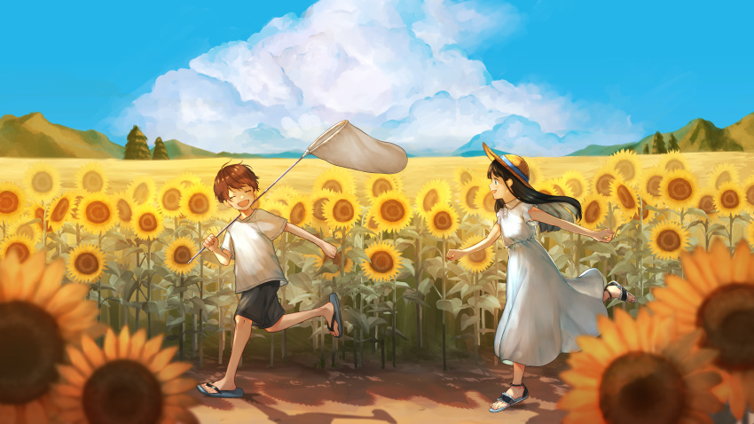 1boy 1girl absurdres black_hair black_shorts blue_eyes blue_sky blurry blurry_foreground brown_hair butterfly_net child closed_eyes clouds collared_dress commentary_request day dress field flip-flops flower hand_net hat highres holding long_hair looking_at_another mountainous_horizon open_mouth original outdoors running sandals shadow shirt short_hair short_sleeves shorts sky smile summer sun_hat sunflower t-shirt white_dress white_shirt yog_harukawa