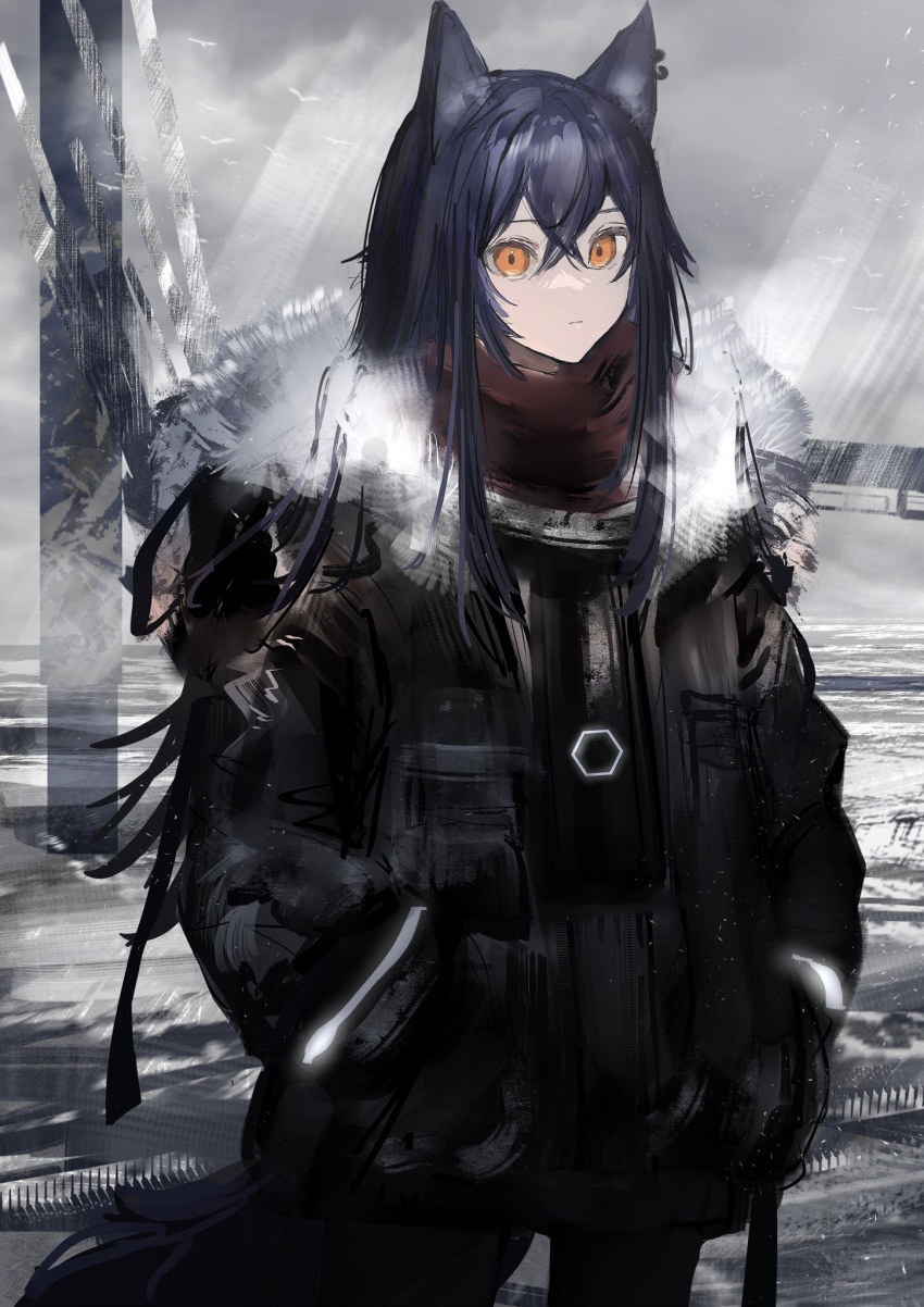1girl animal_ears arknights bangs black_coat coat commentary cowboy_shot crossed_bangs ear_piercing fur-trimmed_coat fur_trim hands_in_pockets highres long_hair looking_at_viewer nanaponi orange_eyes piercing red_scarf scarf solo standing tail texas_(arknights) tree winter_clothes winter_coat wolf_ears wolf_girl wolf_tail
