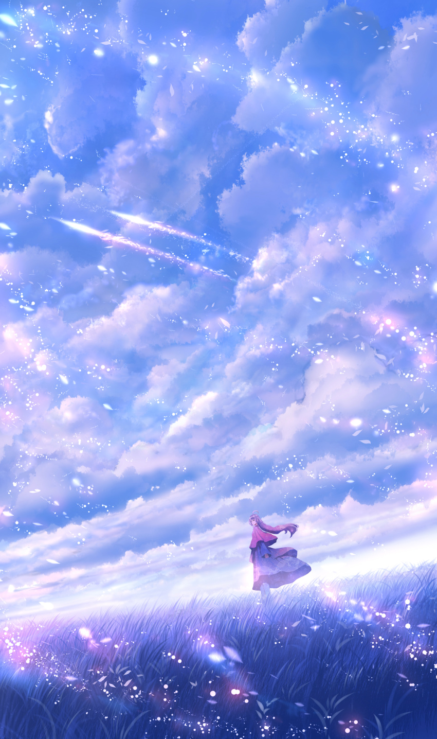 1girl ahoge black_eyes blue_dress brown_gloves capelet closed_mouth clouds cloudy_sky dress gloves grass grasslands highres long_hair original purple_hair sakimori_(hououbds) scenery shooting_star sky solo thigh-highs