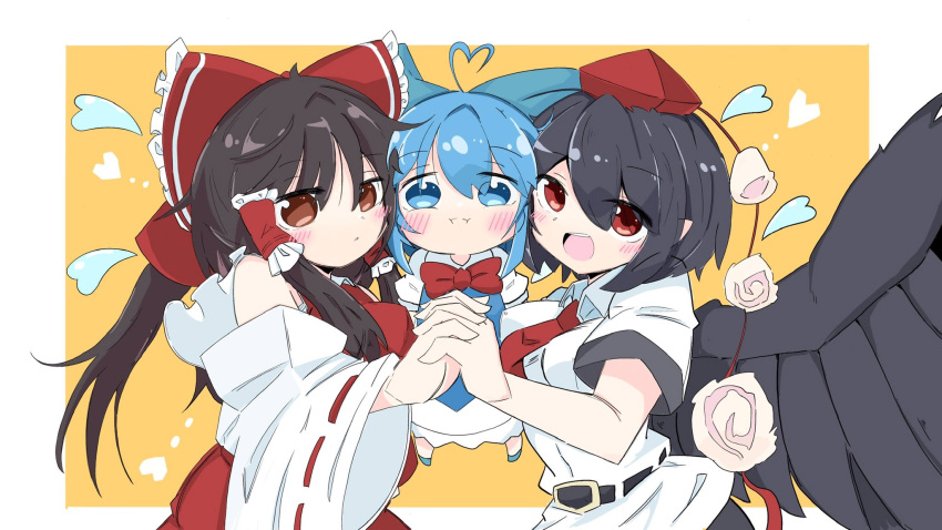 3girls ahoge ascot bangs belt bird_wings black_hair blue_bow blue_eyes blue_hair blush border bow breasts brown_eyes brown_hair cirno cirno_day collared_shirt commentary_request dress eyebrows_visible_through_hair eyes_visible_through_hair fairy feathered_wings hair_bow hakurei_reimu hat heart heart_ahoge highres holding_hands ice ice_wings large_breasts long_hair long_sleeves looking_at_viewer multiple_girls necktie open_mouth pinafore_dress pom_pom_(clothes) puffy_short_sleeves puffy_sleeves red_bow red_eyes red_neckwear red_vest ribbon-trimmed_sleeves ribbon_trim sarashi shameimaru_aya shirt short_hair short_sleeves simple_background tatutaniyuuto teeth tokin_hat touhou upper_body upper_teeth vest white_shirt wide_sleeves wing_collar wings yellow_background yellow_neckwear