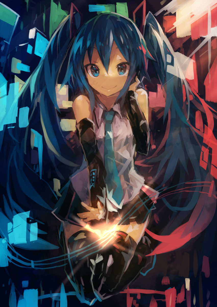 1girl absurdres aqua_eyes aqua_hair bangs bare_shoulders black_skirt boots detached_sleeves energy hair_between_eyes hair_ornament hand_on_headwear hatsune_miku highres jumping kaamin_(mariarose753) long_hair looking_at_viewer necktie outstretched_arm pleated_skirt skirt smile solo thigh-highs thigh_boots twintails very_long_hair vocaloid