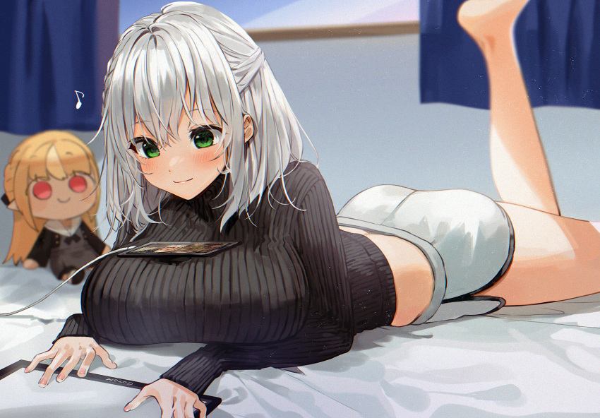 1girl bangs bare_legs barefoot black_sweater blush breasts cellphone character_doll closed_mouth commentary_request curtains eyebrows_visible_through_hair feet_up gotoh510 green_eyes hair_between_eyes highres hololive huge_breasts indoors large_breasts long_hair long_sleeves looking_away musical_note object_on_breast on_bed phone ribbed_sweater shiranui_flare shirogane_noel short_shorts shorts silver_hair sleeves_past_wrists smartphone smile solo sweater tablet_pc virtual_youtuber white_shorts window