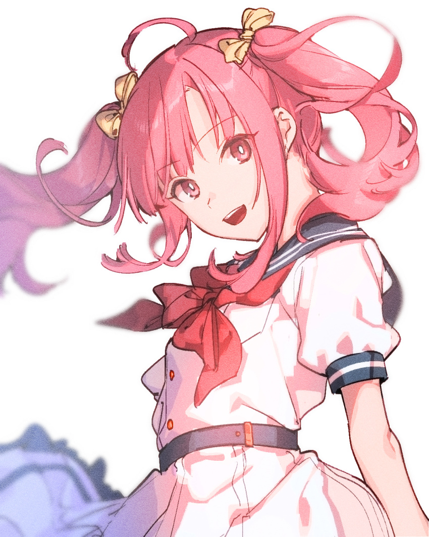 1girl achikita_chinami ahoge arms_behind_back bangs belt blurry blurry_background blush bow depth_of_field hair_bow highres long_hair looking_at_viewer mirin_chikuwa neckerchief nijisanji open_mouth pink_eyes pink_hair red_neckerchief school_uniform short_sleeves simple_background smile solo twintails upper_body virtual_youtuber white_background white_uniform yellow_bow