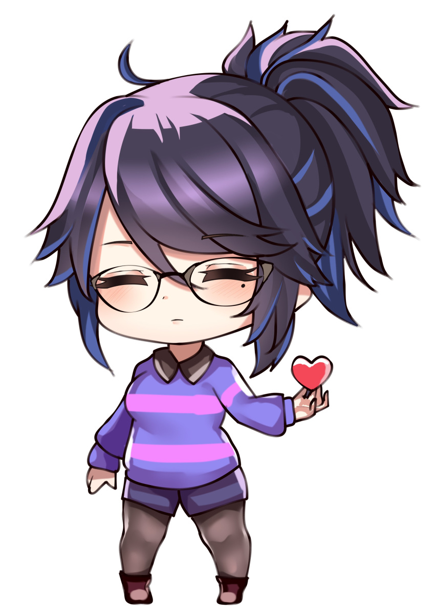 1girl absurdres bangs black_hair chibi commentary_request cosplay eyebrows_visible_through_hair facing_viewer frisk_(undertale) frisk_(undertale)_(cosplay) full_body glasses heart highres indie_virtual_youtuber kson mole mole_under_eye nyctea_snow purple_sweater solo souchou striped striped_sweater sweater undertale virtual_youtuber wing_collar